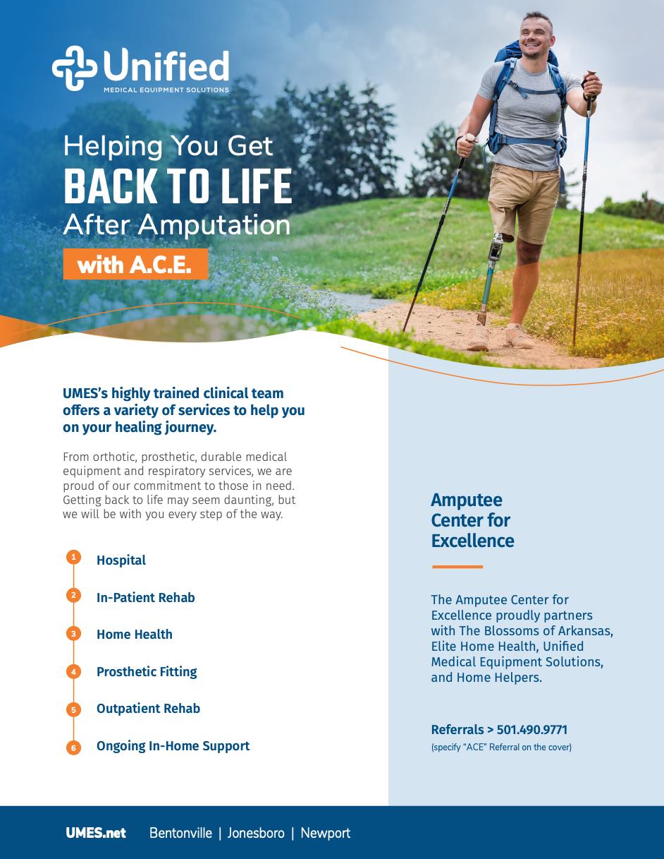 Man hiking with prosthetic leg, promoting rehab services.
